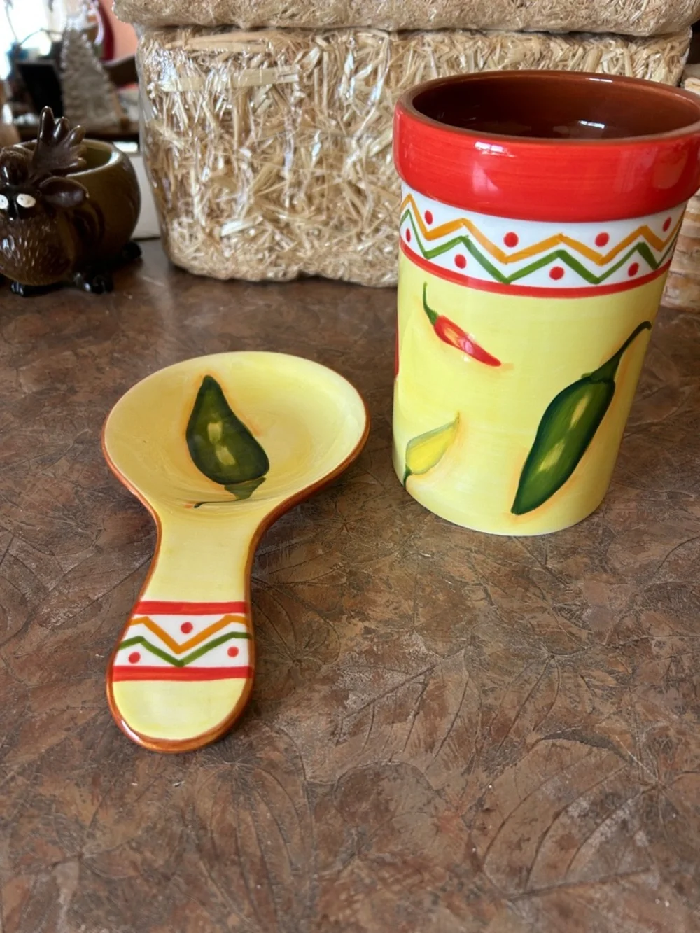 Vintage Clay Art Handpainted Ceramic Chili Pepper Utensil Holder and Spoon Rest